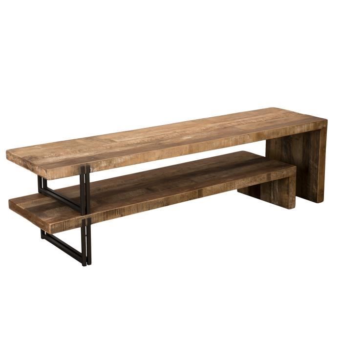 MACABANE ALIDA - Meuble TV marron 2 niveaux Teck recyclé Acacia Mahogany recyclé et métal noir MACABANE ALIDA - Meuble TV marron 2 niveaux Teck recyclé Acacia Mahogany recyclé et métal noir
