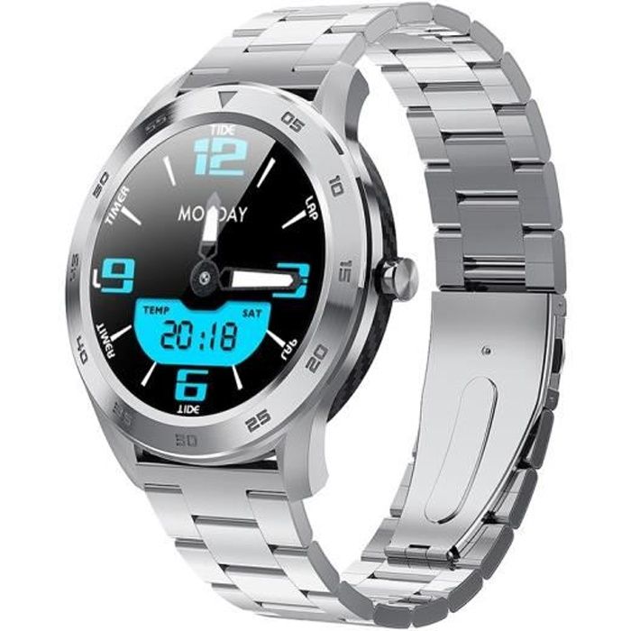 Sport Montre Homme Bracelet en Métal Argent, Bluetooth Montre Connectée Etanche IP68, Podomètre, Calories, ECG Cardiofréquencemètre