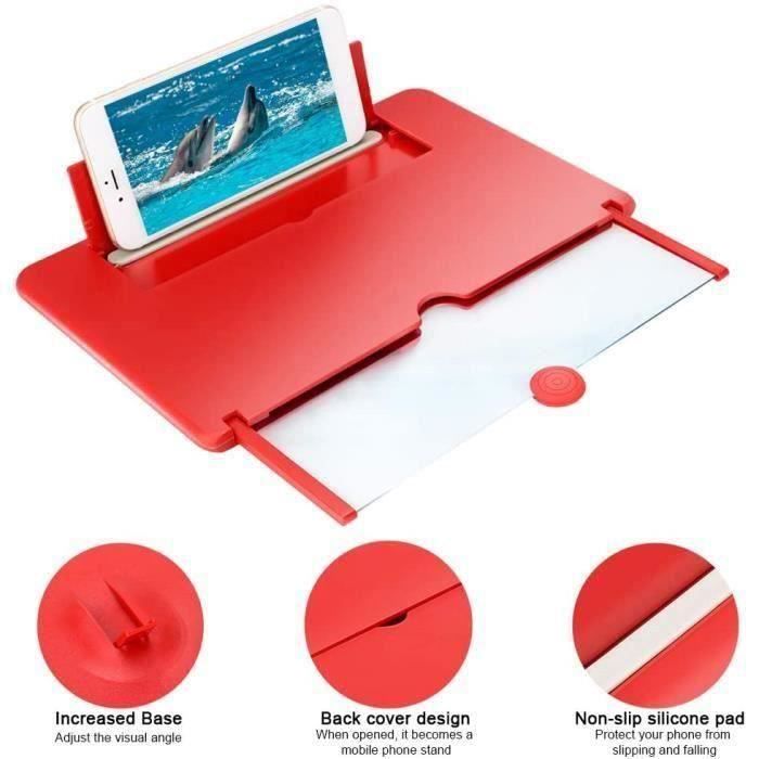 TK Agrandisseur d\'Écran Loupe 3D Portable Élargie Amplificateur Vidéo Film HD Support Table pour Téléphones - Rouge