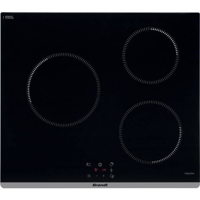 BRANDT TI360B - Table de cuisson induction - 3 foyers - 2400W - 59x52cm - Vitrocéramique - Noir