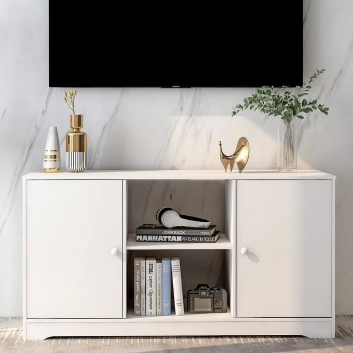 Meuble TV 2 portes - Blanc - L 120 x P 39 x H 57 cm