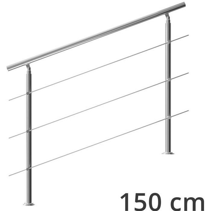 Rampe d'escalier 150 cm acier inoxydable 3 traverses main courante balustrade garde-corps aide escalier balcon intérieur extérieur