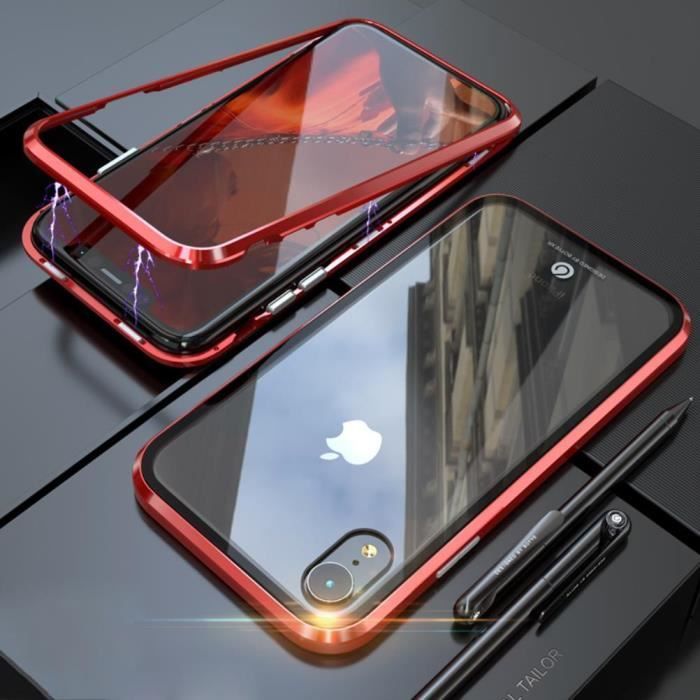 iPhone XR Coque d'adsorption magnétique,Anti-Rayures Aluminium Métal Cadre + Transparent Verre Trempé Retour - Rouge