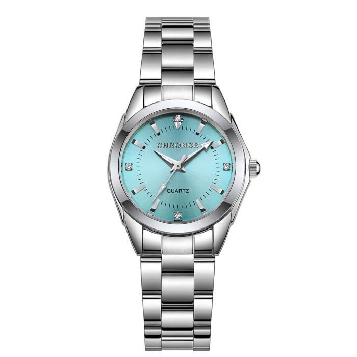 Montre à quartz pour Femme , Etanche , Acier , Bracelet en Argenté, Cadran Bleu , Cadeau de Saint Valentin , Noël