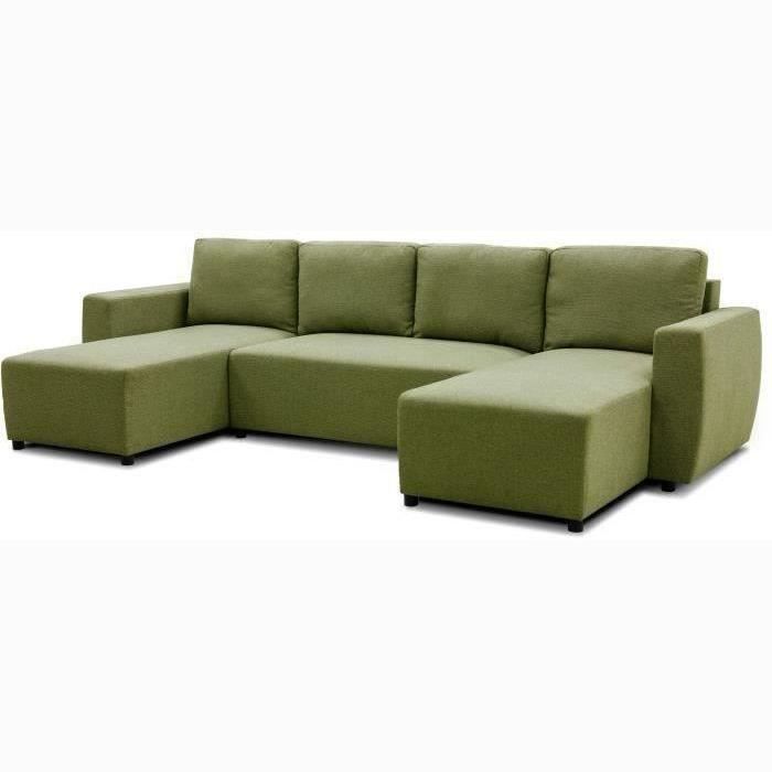 Canapé d'angle convertible panoramique PHARELL 5/6 places - Tissu olive - Coffre de rangement - L297