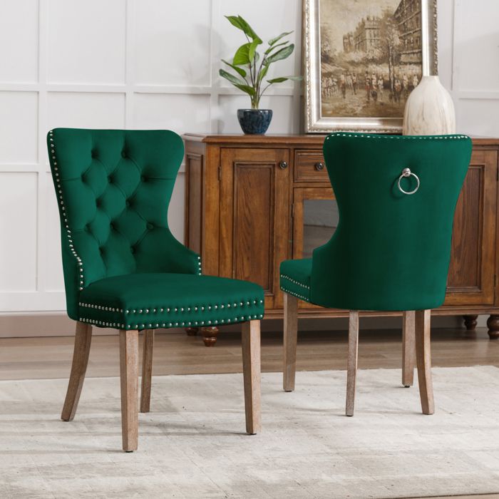chaises de cuisine lot de 2 -décoration de heurtoir de porte en tête de clou-pieds en bois massif-salon-velours vert
