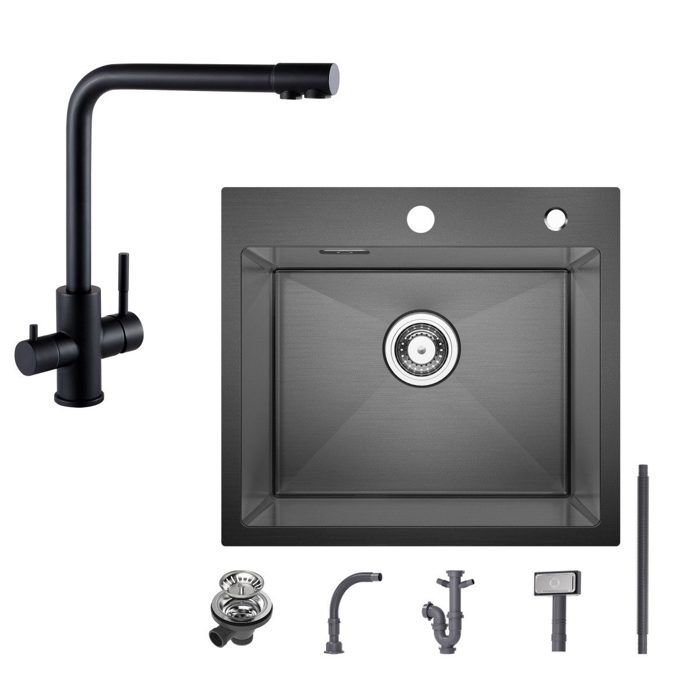 Evier cuisine 1 Bac 50×45CM inox Noir anthracite Robinet purificateur deau 3 en 1