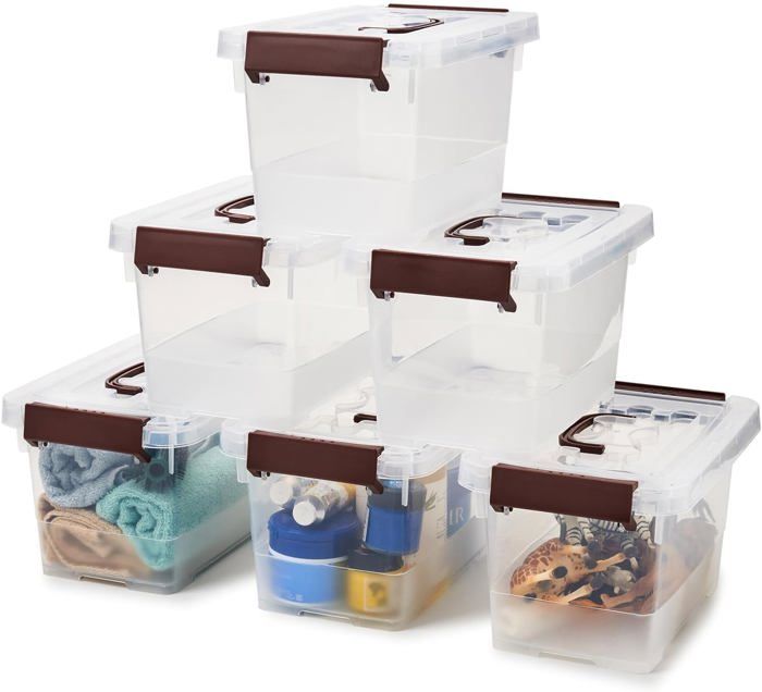 EZOWare 52 L Boîte de Rangement en Plastique Transparente avec Couvercle, Lot de 2 Bacs Organisateur Empilables avec Poignées et Couvercle à Clip pour Maison, Salle de Bain, Cuisine - 57x38x32cm