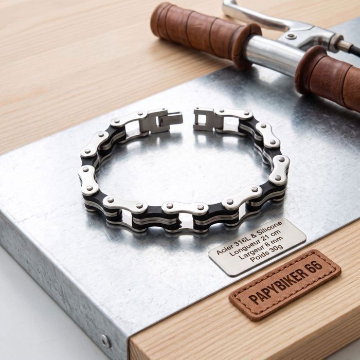 Bracelet - Style Chaîne de Moto - Acier Inoxydable - Silicone Noir - Motard - Homme