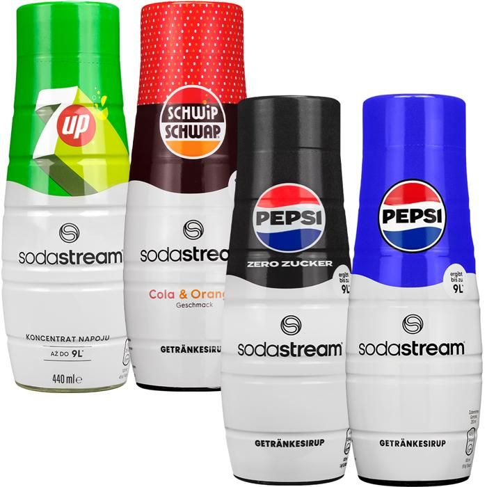 SODASTREAM Sirop pour  - Pepsi - Lot de 4 parfums - Pepsi Max 7UP Schwip Schwap - Boisson gazeuse maison 