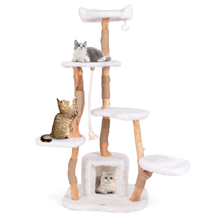 Comparer les prix de COSTWAY Arbre à Chat Multi-niveaux en Bois 168 CM, Perchoirs, Condo, Griffoirs en Jute, Corde en Sisal, Peluche, Balle Suspendue