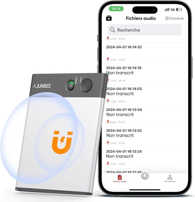 Dictaphone IA Avec Transcription ChatGPT 4o – 64 Go, 102 Langues – Pour Réunions, Entretiens, Appels – Application