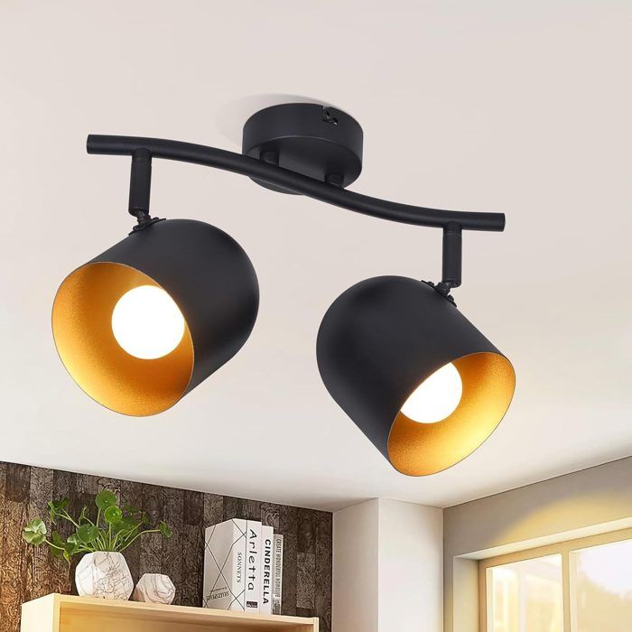 Homefire Plafonnier E14 noir doré spot de plafond lampe couloir industrielle vintage orientable sans ampoule orientable à 350°