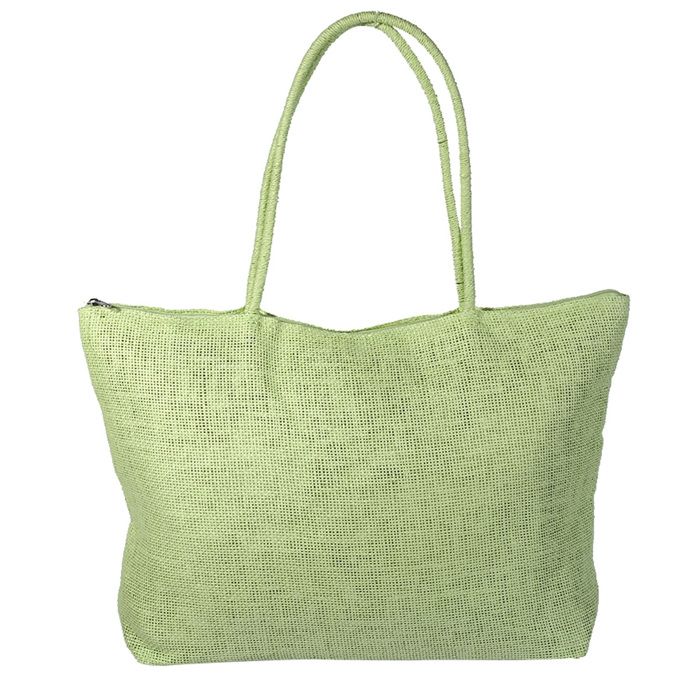 Sac Bandoulière Femme En Paille Tressée Vert, Fermeture Zip, Doublure Cuir - Neuf