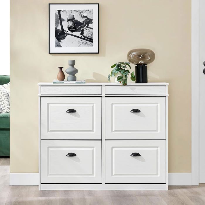 SoBuy Meuble à Chaussures 4 Abattants Blanc Effet Bois Vieilli Rangement Entrée 16 Paires 103x23x85cm SoBuy Meuble à Chaussures 4 Abattants Blanc Effet Bois Vieilli Rangement Entrée 16 Paires 103x23x85cm