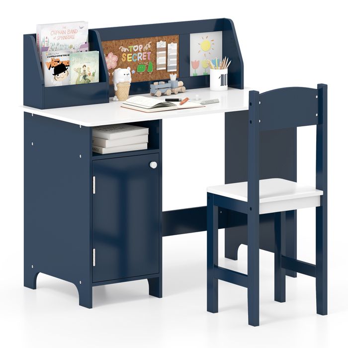 COSTWAY Bureau pour Enfants 3 Ans+ avec Chaise d’Étude Tableau Blanc Marqueur Tableau d’Affichage Bibliothèque en Bois Bleu
