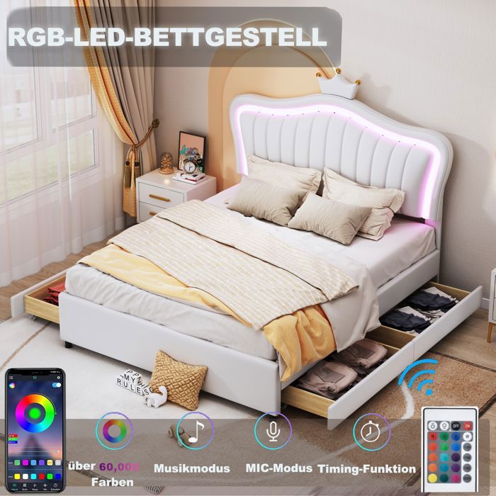 Lit rembourré lit 140 x 200 cm couronne blanche fille cadre de lit simple en cuir PU avec tiroirs de rangement lumières LED