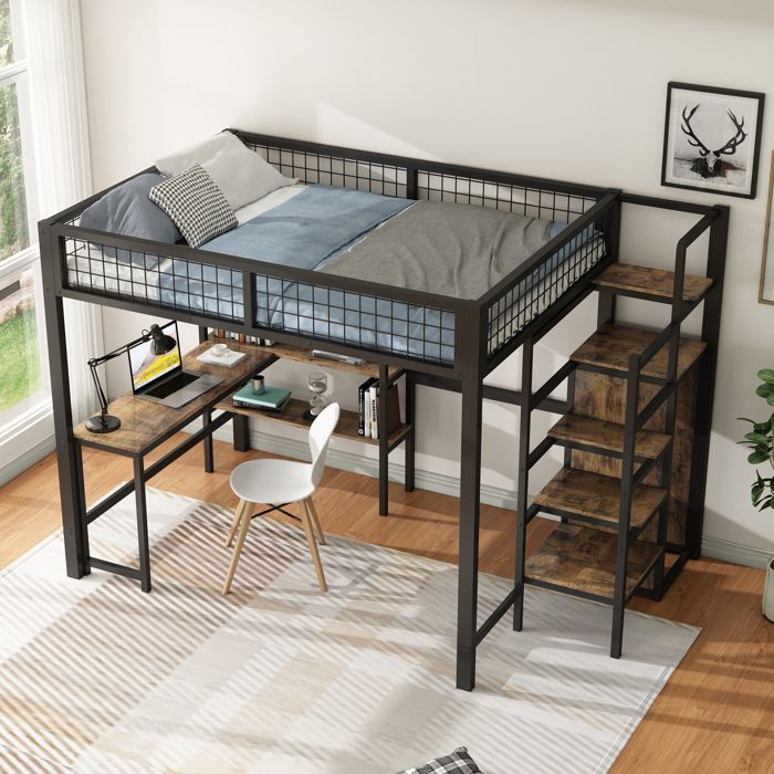 Lit Mezzanine - MERAX - 140x200 - Noir - Bureau Intégré - Étagères et Armoire Lit Mezzanine - MERAX - 140x200 - Noir - Bureau Intégré - Étagères et Armoire