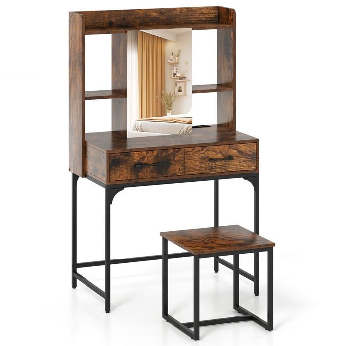 Coiffeuse - HELLOSHOP26 - 80x50x138 cm - Miroir inclus - Rangement organisé - Tabouret fourni Coiffeuse - HELLOSHOP26 - 80x50x138 cm - Miroir inclus - Rangement organisé - Tabouret fourni
