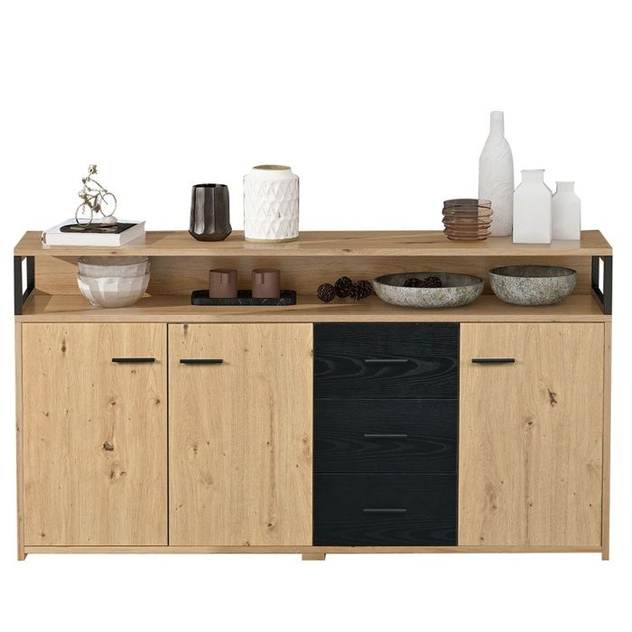 Buffet Industriel 150x35x75.9cm - 3 Portes et 3 Tiroirs Poignées Métal - Polyvalent Salon Bureau Chambre Buffet Industriel 150x35x75.9cm - 3 Portes et 3 Tiroirs Poignées Métal - Polyvalent Salon Bureau Chambre
