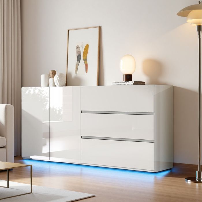 Buffet Moderne Buffet bahut avec 3 tiroirs 2 portes 160x35x76 cm LED Armoire de cuisine Buffet bas de salon Rangement Blanc