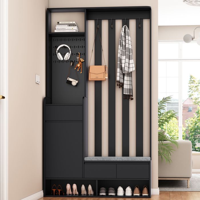 Ensemble de meubles dentrée - 180x100x35 cm - 6 en 1 - Banc à chaussures rembourré - Panneau perforé - Noir