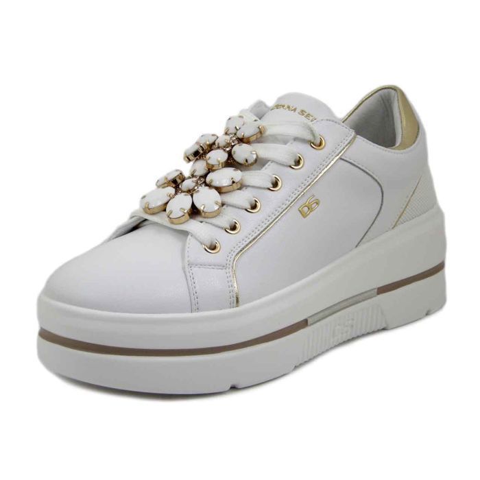 DONNA SERENA Femme Basket Compensé - DONNA SERENA - Cuir Blanc - Semelle Amovible - Bijoux doré
