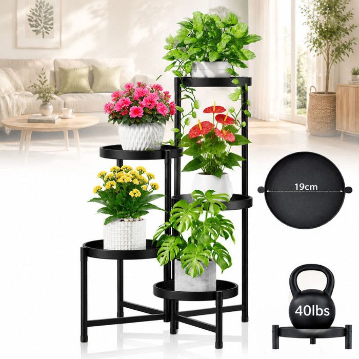Support Plantes Intérieur 5 Niveaux Métal Étagère à Fleurs Stable Antidérapant Porte Plante Extérieur Pour Plusieurs Plantes