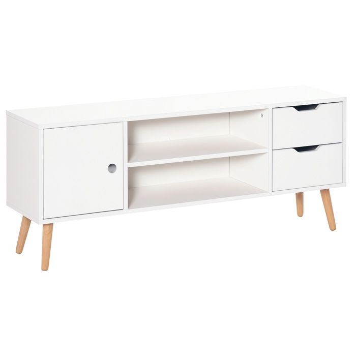 Meuble tv - HOMCOM - banc télé style scandinave placard 2 niches 2 tiroirs passe-fils - bois pin - blanc naturel