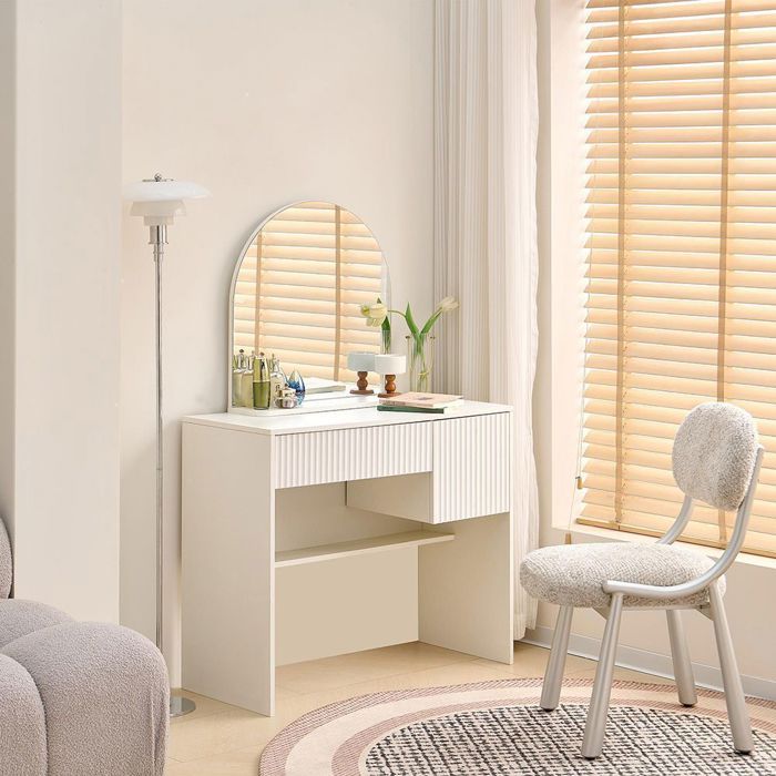 Coiffeuse - H135xL90xP40 - Blanc - Miroir bombé - 2 tiroirs avec séparateurs