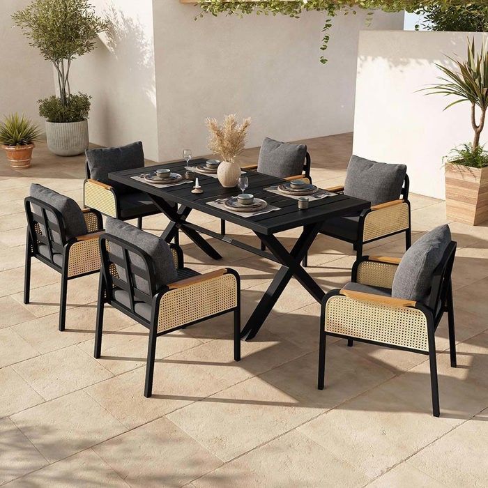 Ensemble de mobilier de jardin - 7 pièces (moderne) - Accoudoirs tressés - Structure en fer forgé - Plateau bois-plastique noir