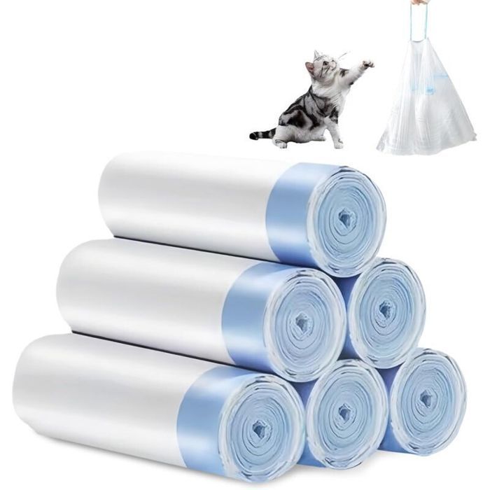 Sacs à Litière Pour Chat Avec Cordons de Serrage : 6 Rouleaux/90 Sacs Poubelle Autonettoyants Avec Poignée de Transport Pour Déje...