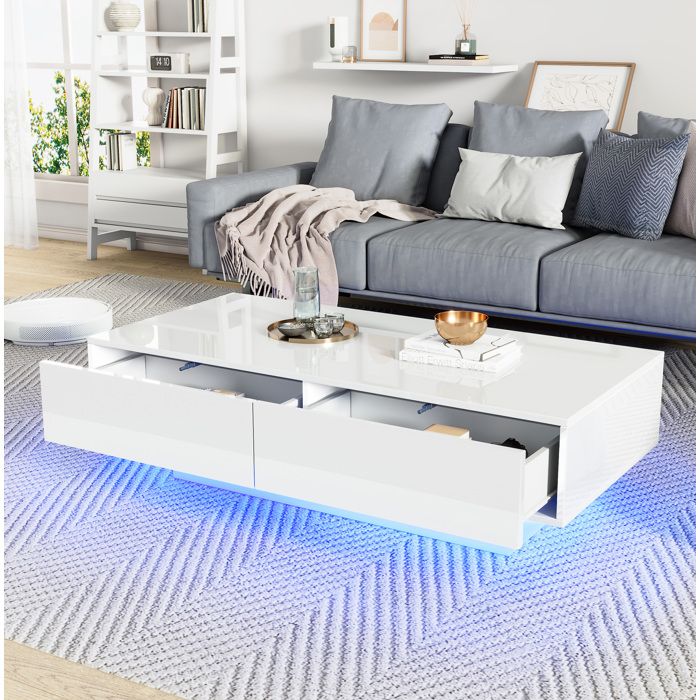 Table basse blanche laquée brillante avec 2 tiroirs et éclairage LED