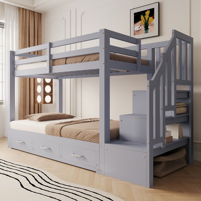 Lit superposé 90 x 200 cm avec échelle de rangement et tiroirs lit dadolescent coulissant lit en bois gris
