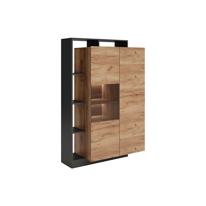 Vitrine 2 portes et 5 niches avec LEDs - Naturel clair et anthracite - IDESIA