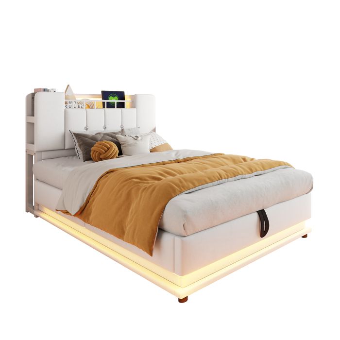 HAVRYA Lit Coffre 90x200 cm Enfant Lit Simple avec Ouverture Hydraulique LED Rangement Intégré Velours Beige Sans Matelas