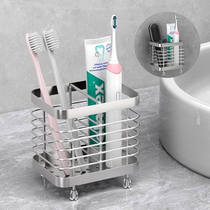 Porte-Brosse à Dents Électrique Support de Brosse à Dents Mural avec Trous de Drainage Rangement Brosse à 2 Fentes Argent