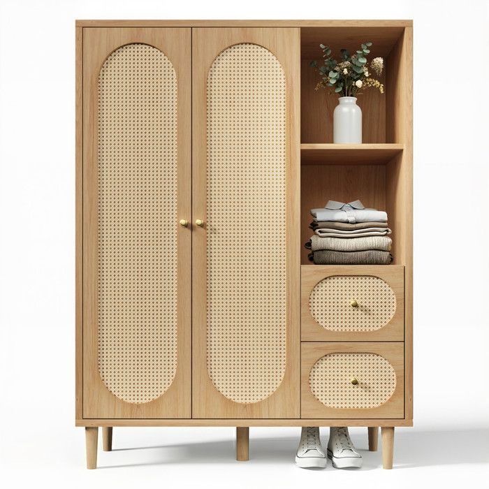 Armoire style campagnard chêne 161x120x44cm 2 portes + 2 tiroirs étagères ouvertes avec tringle à vêtements pour chambre et couloir