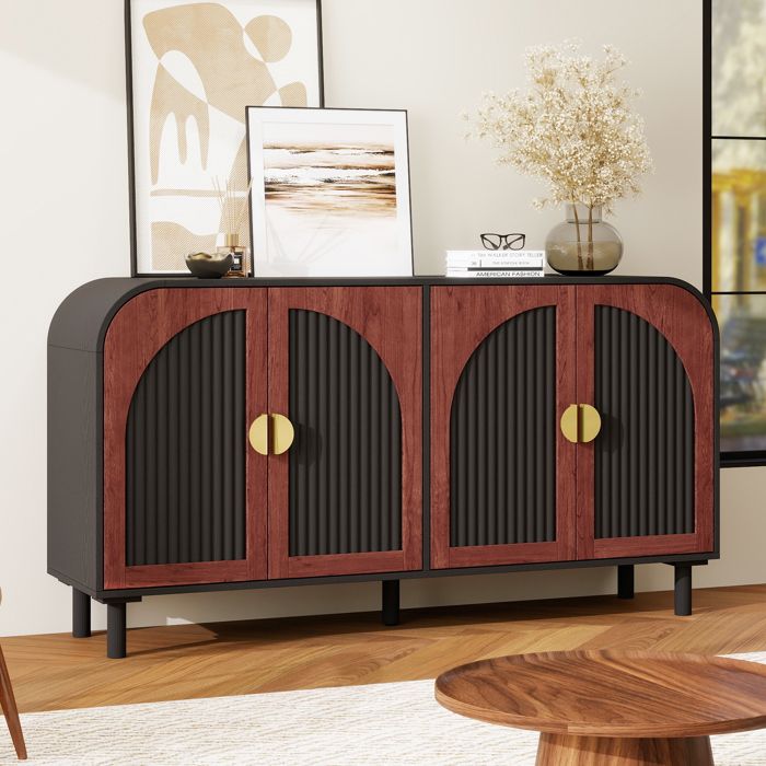 Buffet 150x40x80 cm - FloraGrace avec 4 portes étagères réglables et pieds en bois - Noir et noyer foncé