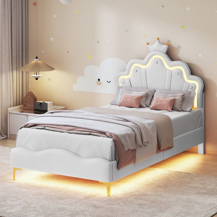 Lit enfant 90x190 cm blanc PU lit princesse avec tête de lit couronne LED cadre nuage et sommier à lattes sans matelas