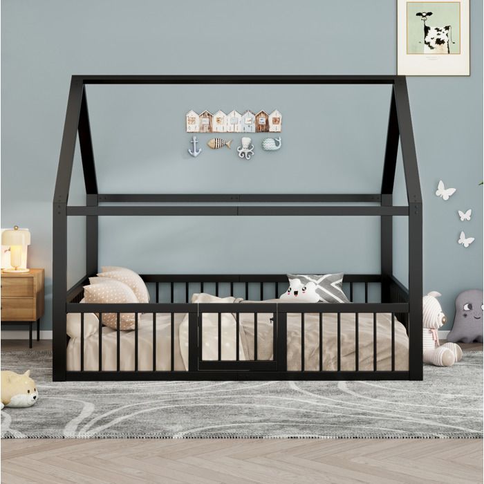 Lit cabane enfant 140 × 200 cm avec barrières et petite porte - TCQPZ - sans matelas métal noir