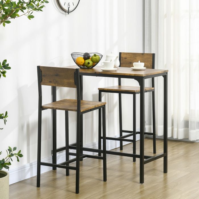 Ensemble bar 3 pièces - Table haute et 2 chaises - Plateau MDF imperméable - Structure métal - 2 places Table 89x45x87 cm