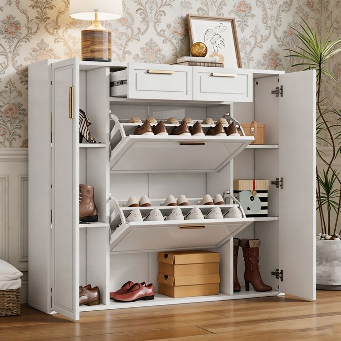 Meuble à Chaussures - avec 2 Abattants et 2 Portes - Pour 15 -18 Paires - Scandinave Moderne - Entrée et Couloir - Blanc et Or