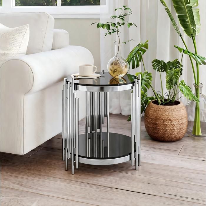 Table basse ronde 45 cm en verre trempé noir avec structure inox argentée double plateau pour salon