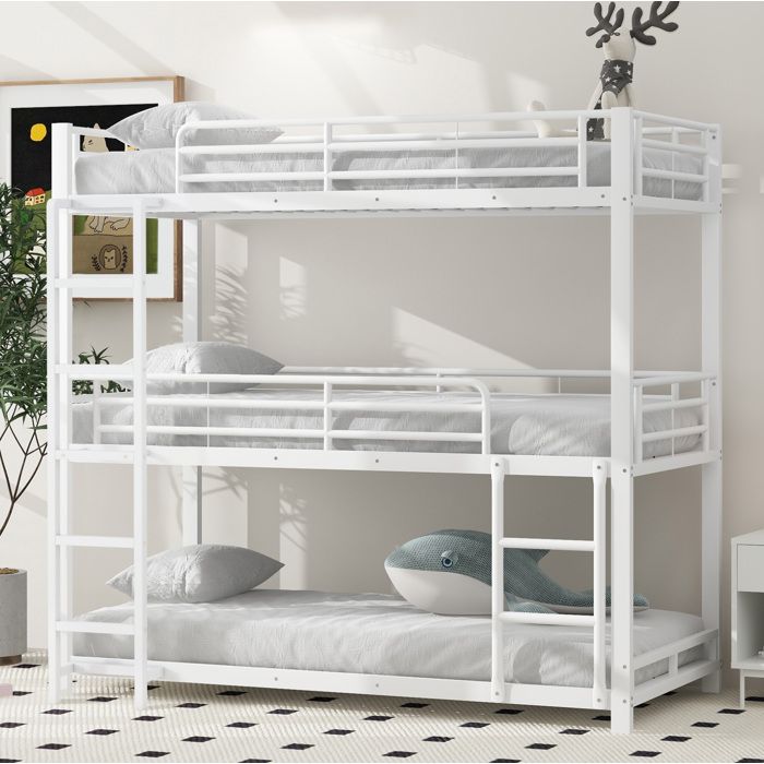 Modenuit Lit superposé triple 90 x 200 cm en métal blanc avec échelle fixe et barrières de sécurité