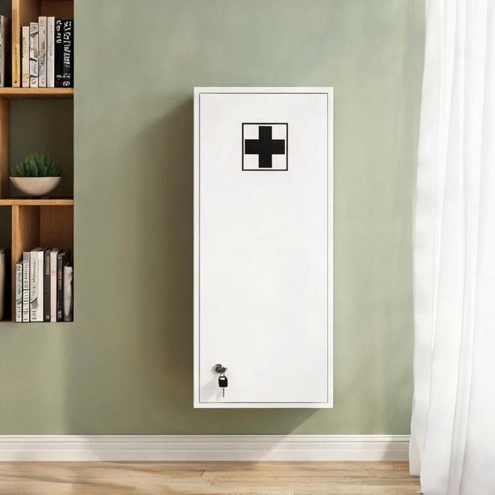 Meuble de rangement mural blanc 30x20x70 cm armoire à pharmacie verrouillable 4 étagères réglables en panneau de particules