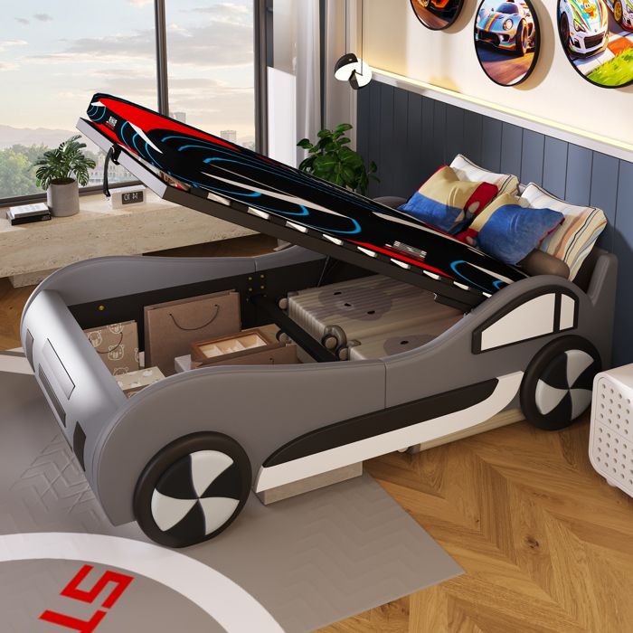 Lit voiture enfant 90 x 200 cm gris avec sommier à lattes rangement hydraulique sous le lit sans matelas