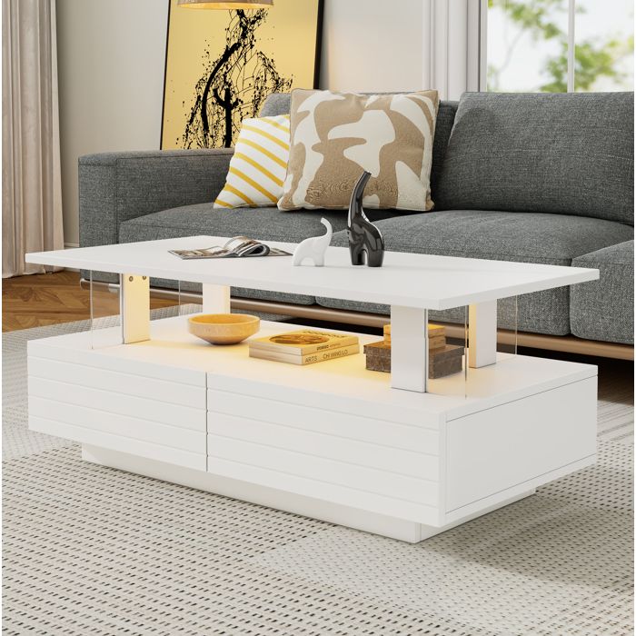 Table Basse LED 2 Tiroirs et Étagère Ouverte Contrôle par Application - BEAUNIV - Acrylique Blanc 100×50×42 cm