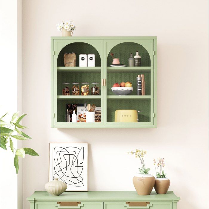 Armoire murale 2 Portes en Verre 3 Niveaux de Rangement - MEUNIQ - Métal et Verre Trempé Vert 70×23×60 cm