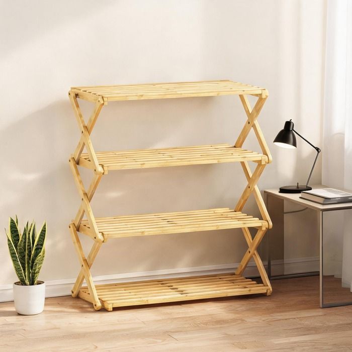 Étagère à chaussures pliante 4 niveaux 60x29x67 cm en bambou ton naturel capacité 12 paires